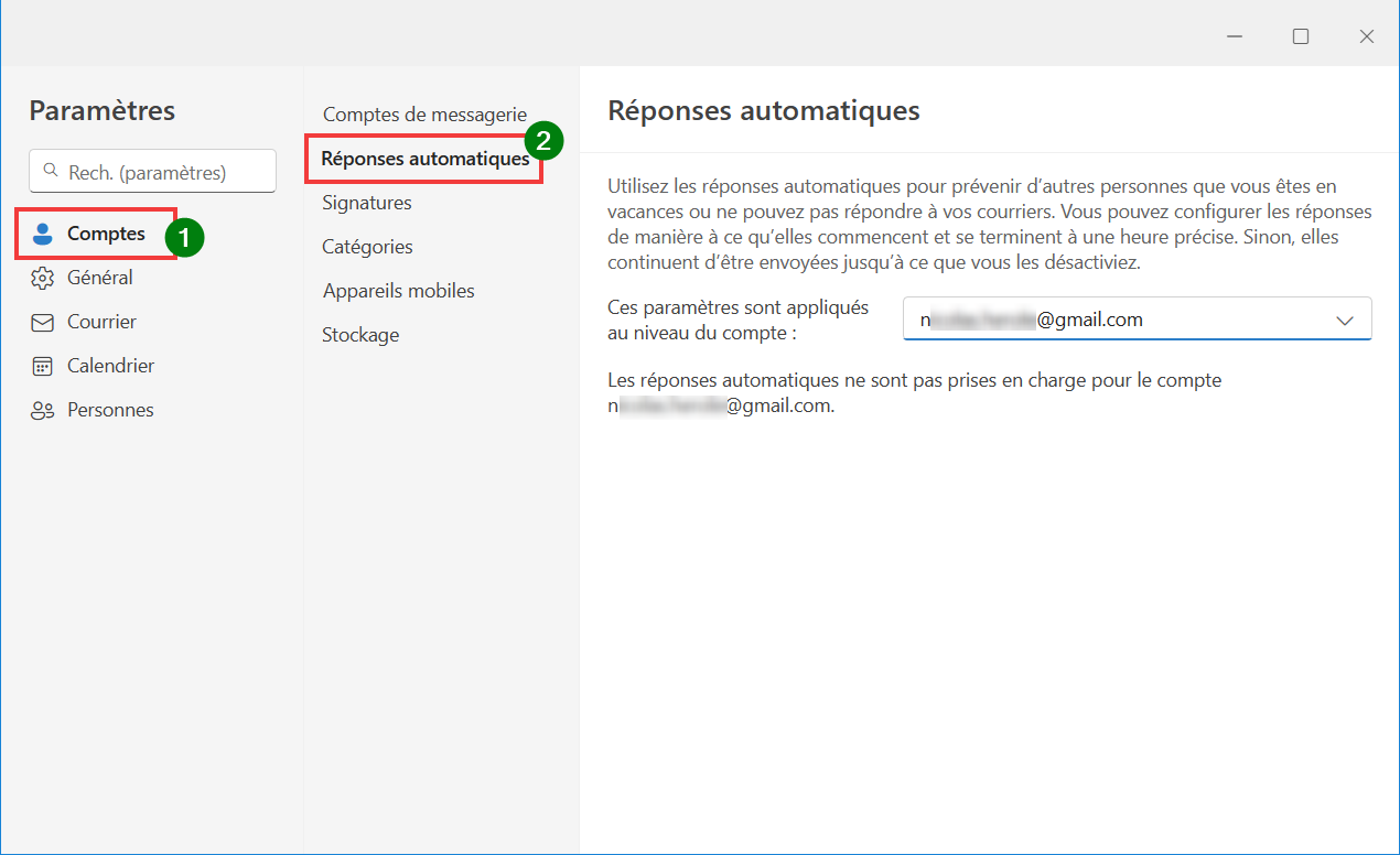 Outlook pour Windows message absence - Aller dans Comptes puis Réponses automatiques