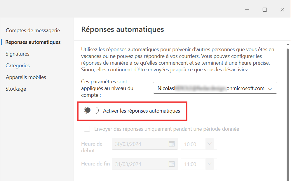 Outlook pour Windows message absence - Activer réponses automatiques