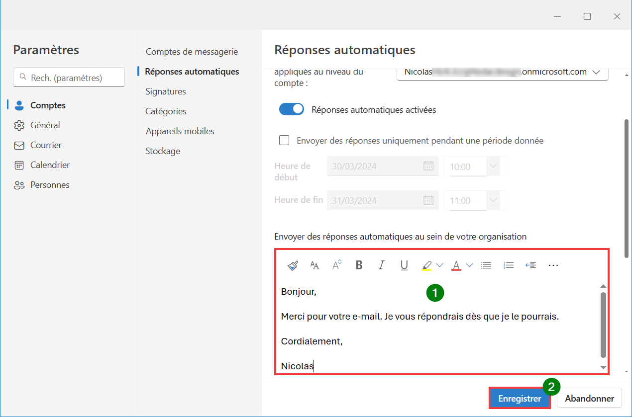 Outlook pour Windows message absence - Rédiger et enregistrer