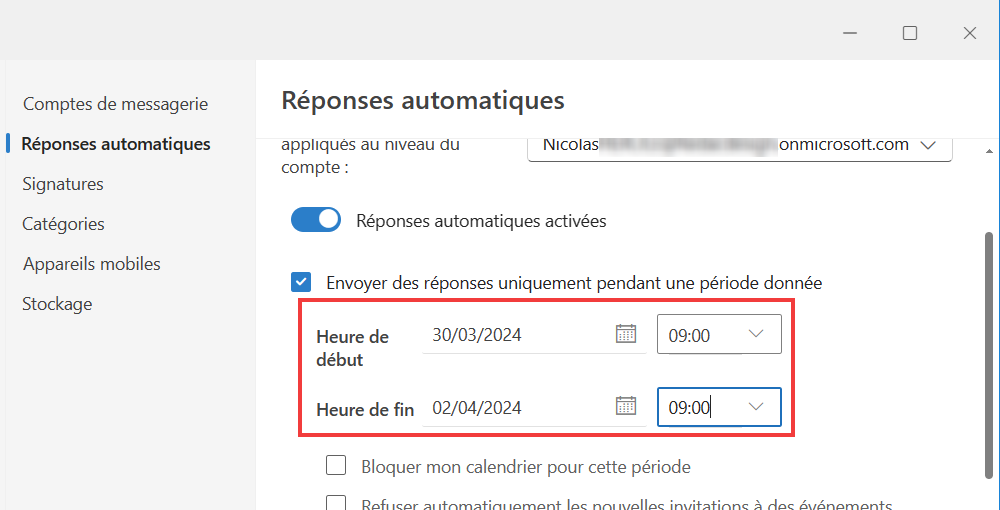 Outlook pour Windows message absence - Définir dates et heures