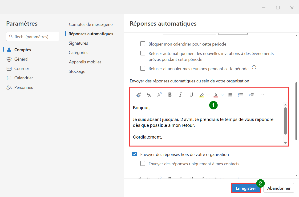 Outlook pour Windows message absence - Rédiger et enregistrer