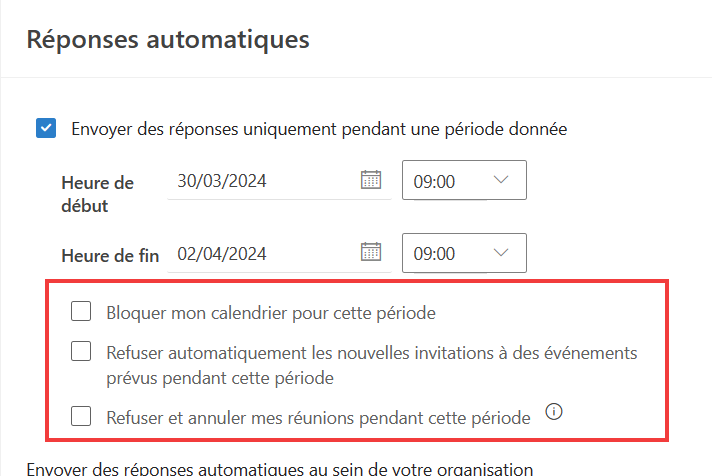Outlook pour Windows message absence - Options dans Réponses automatiques