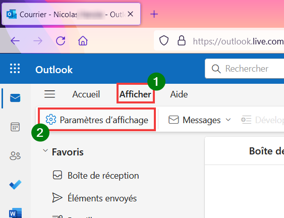 Outlook Web Message d'absence - Aller dans Afficher puis Paramètres d'affichage