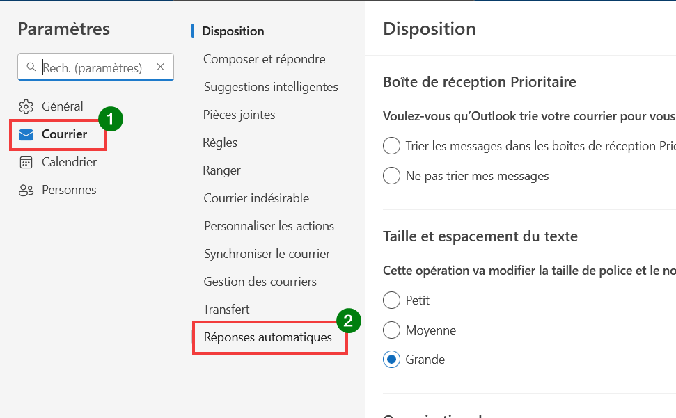 Outlook Web Message d'absence - Aller dans Courrier puis Réponses automatiques
