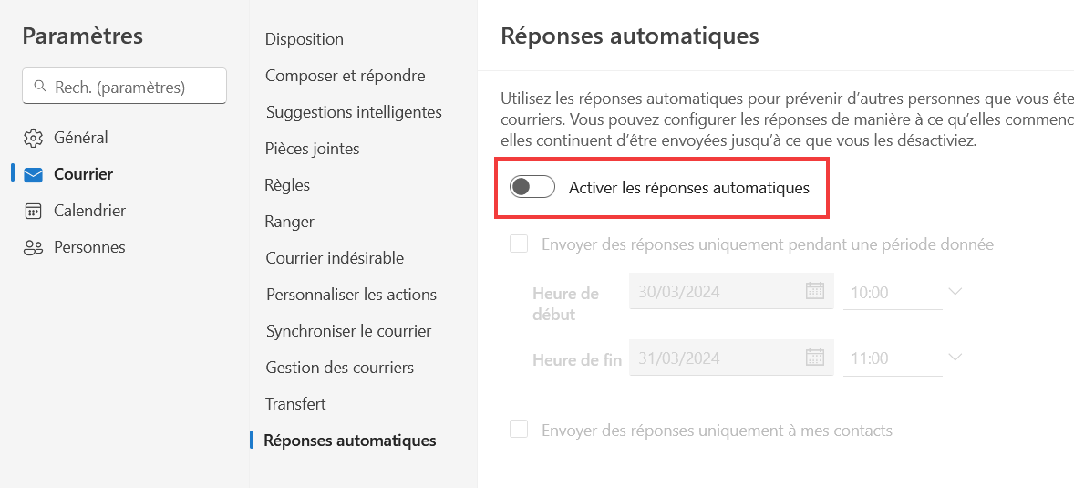 Outlook Web Message d'absence - Activer réponses automatiques