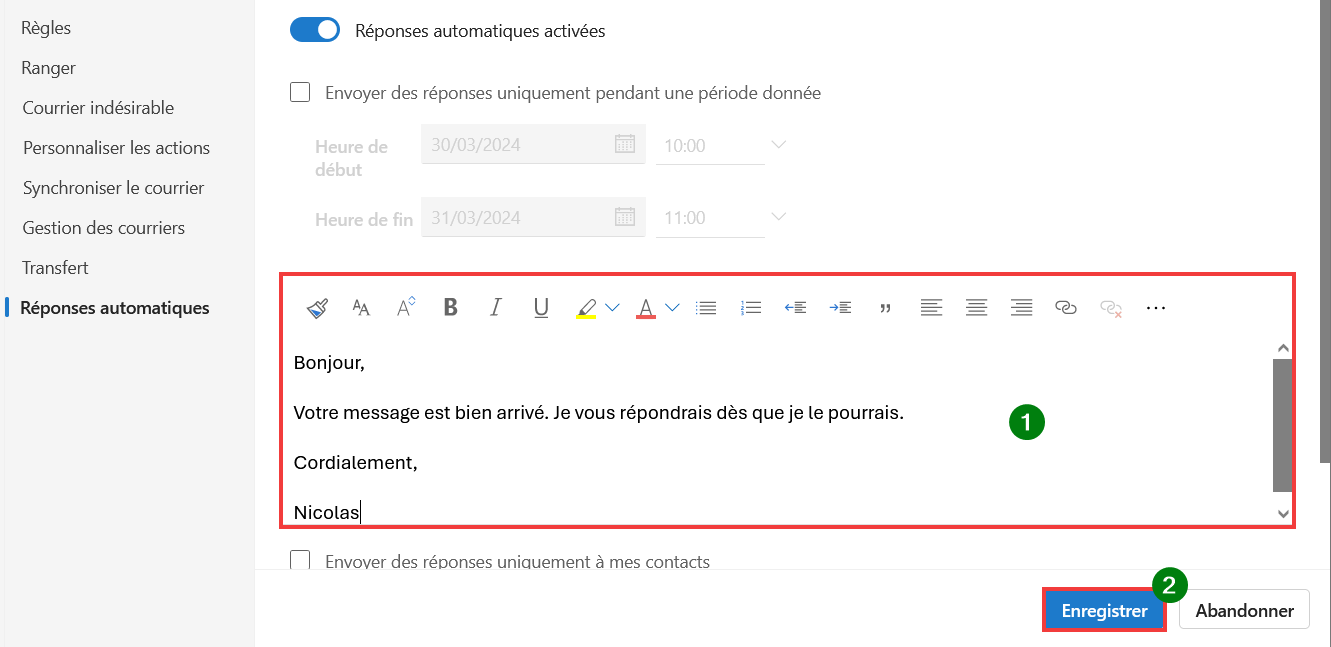 Outlook Web Message d'absence - Rédiger et enregistrer