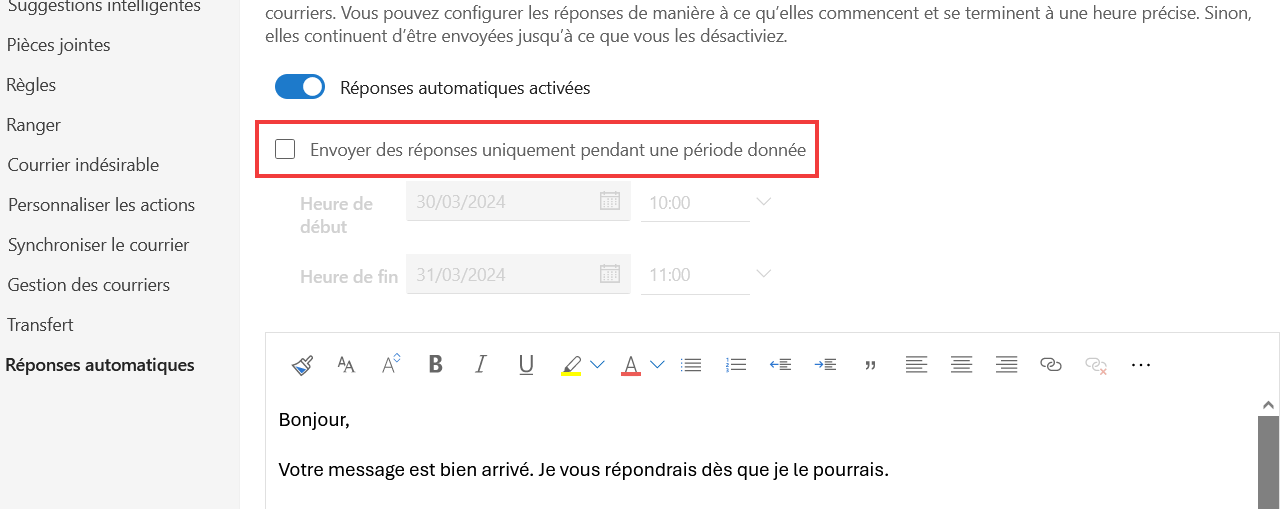 Outlook Web Message d'absence - Cocher envoyer des réponses uniquement pendant une période donnée