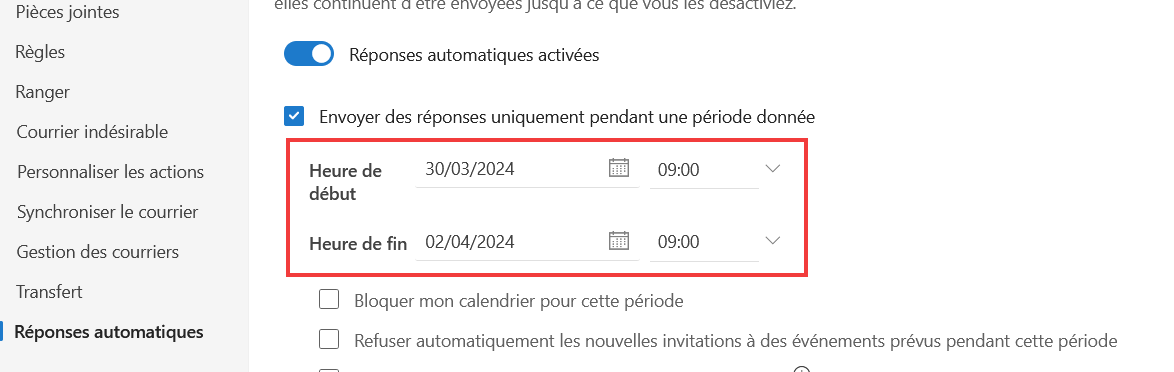 Outlook Web Message d'absence - Définir dates et heures de la période