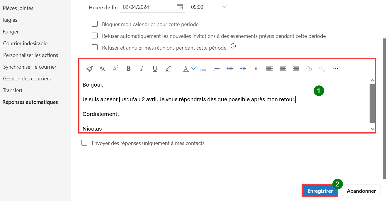 Outlook Web Message d'absence - Rédiger et enregistrer