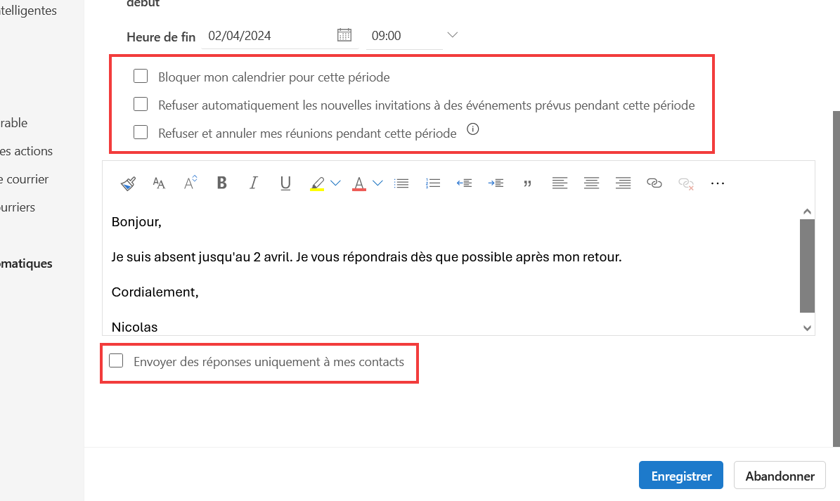 Outlook Web Message d'absence - Autres options pour réponses automatiques