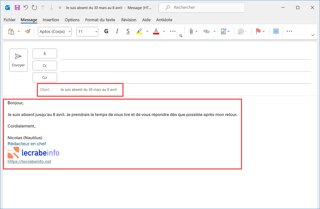 Outlook 365 Règle Message absence - Corps du message d'absence