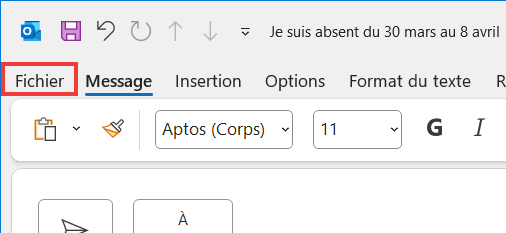 Outlook 365 Règle Message absence - Aller dans Fichier