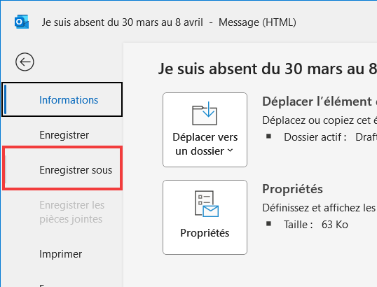 Outlook 365 Règle Message absence - Faire Enregistrer sous