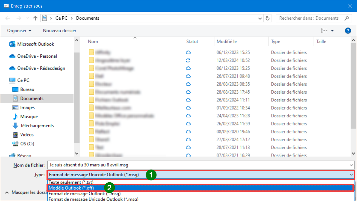 Outlook 365 Règle Message absence - Choisir Modèle Outlook (*.oft)