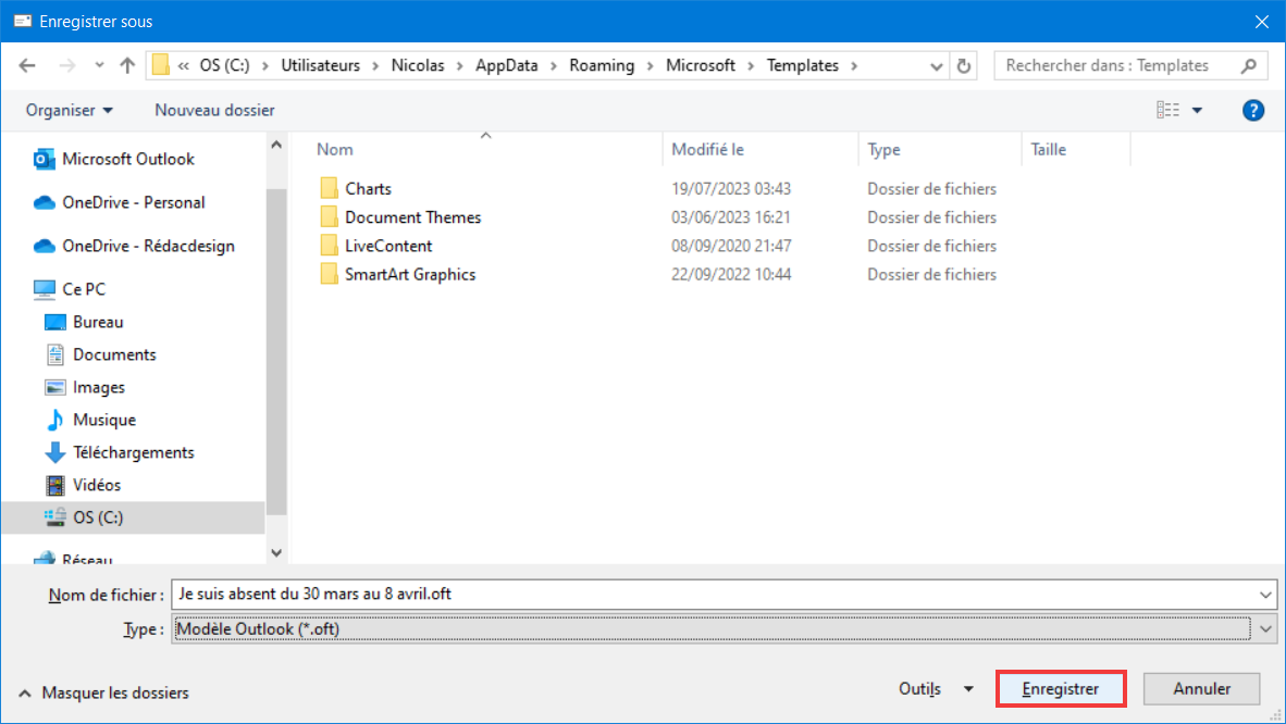 Outlook 365 Règle Message absence - Choisir emplacement et enregistrer