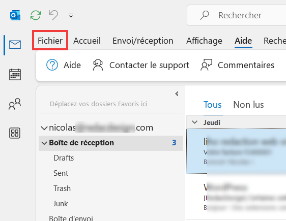 Outlook 365 Règle Message absence - Aller dans Fichier