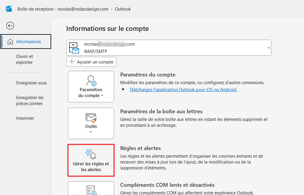 Outlook 365 Règle Message absence - Aller dans Gérer les règles et alertes