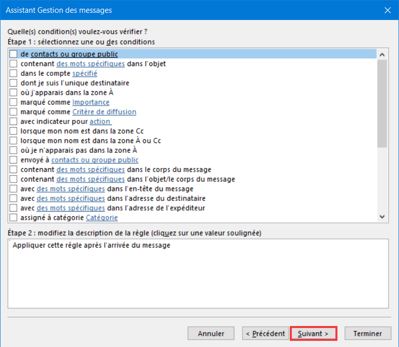 Outlook 365 Règle Message absence - Choisir les conditions de réponse automatique