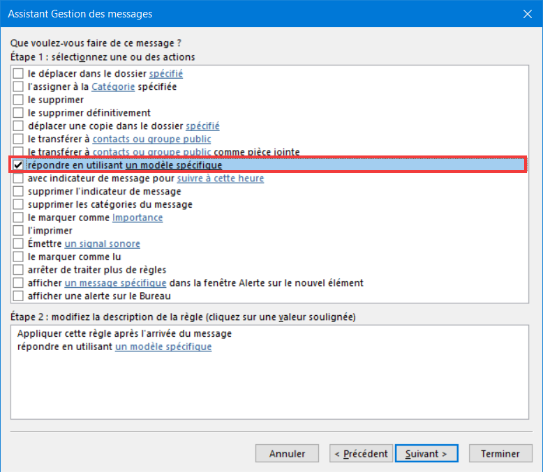 Outlook 365 Règle Message absence - Cocher Répondre en utilisant un modèle spécifique