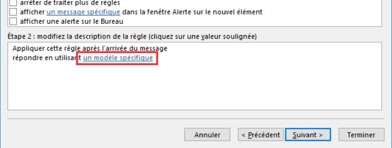 Outlook 365 Règle Message absence - Cliquer sur Modèle spécifique