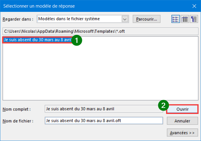Outlook 365 Règle Message absence - Sélectionner modèle et faire Ouvrir
