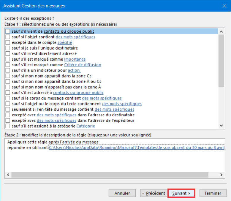 Outlook 365 Règle Message absence - Faire suivant