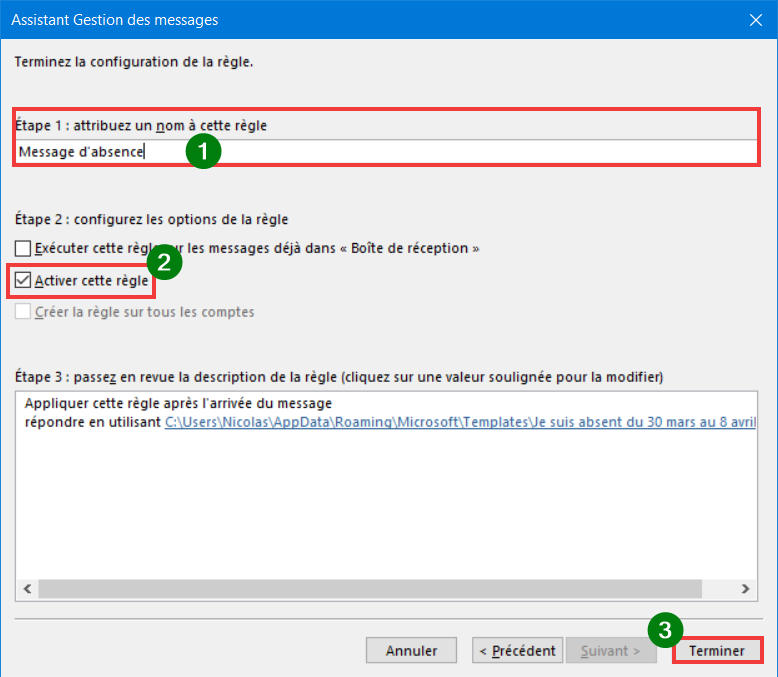 Outlook 365 Règle Message absence - Nommer règle de message d'absence et Terminer