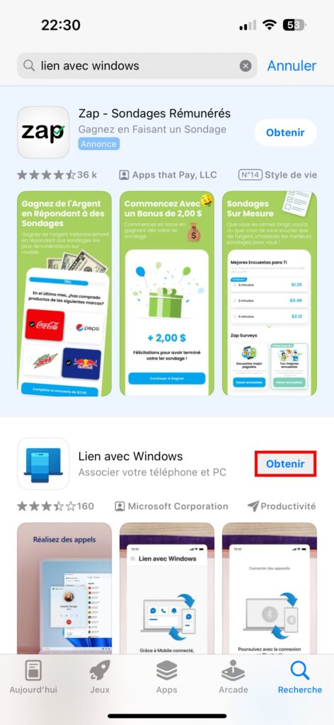 iPhone App Store Lien avec Windows