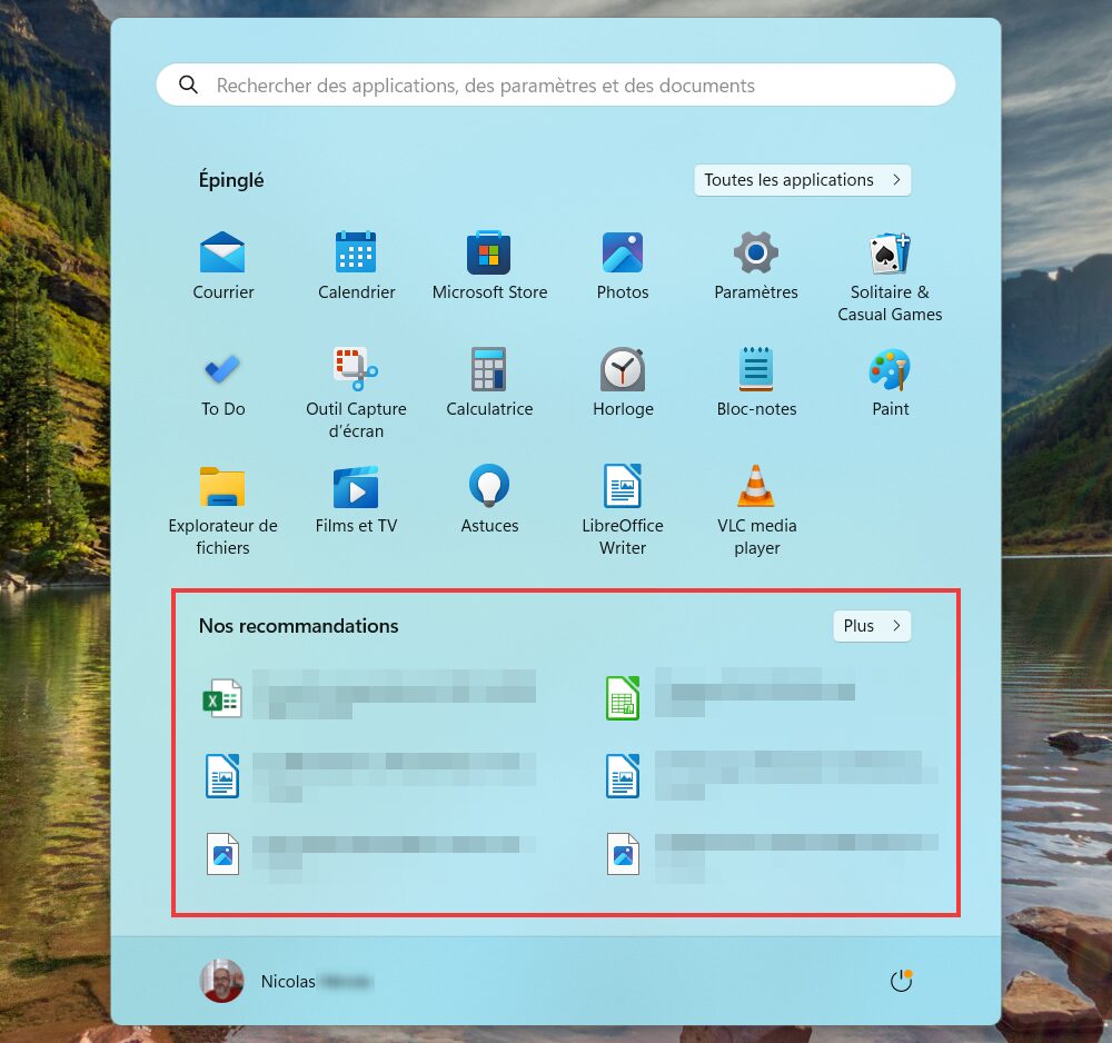 Zone "Nos recommandations" dans le menu Démarrer de Windows 11.