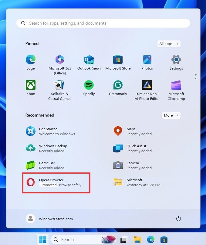 Nouvelles publicité dans menu Démarrer de Windows 11