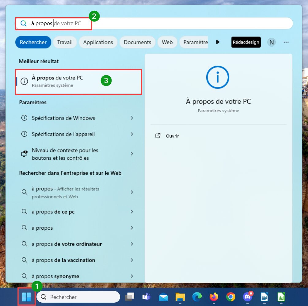 Ouvrir le menu Démarrer et taper "À propos de ce PC"
