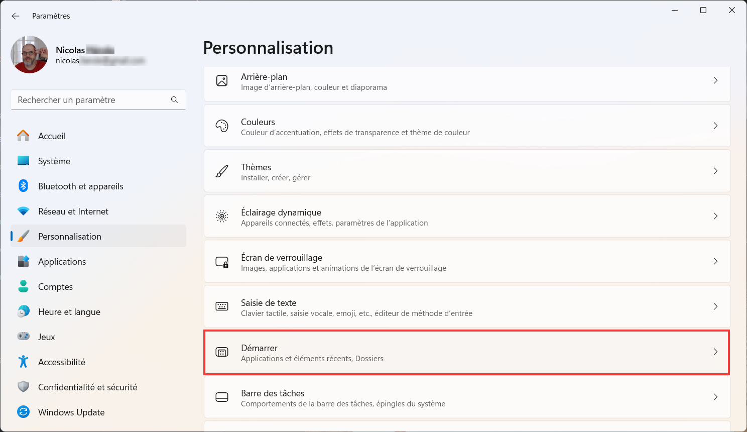 Choisir option Démarrer