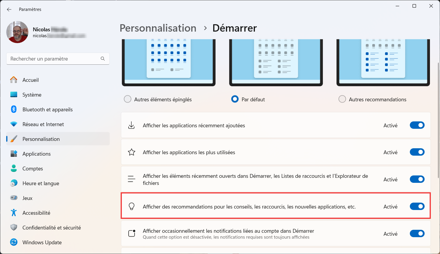 Désactiver Afficher des recommandations pour les conseils, les raccourcis, les nouvelles applications, etc.