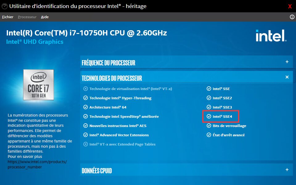 L'Utilitaire d'identification du processeur Intel ne précise pas les sous-ensembles des jeux d'instructions.