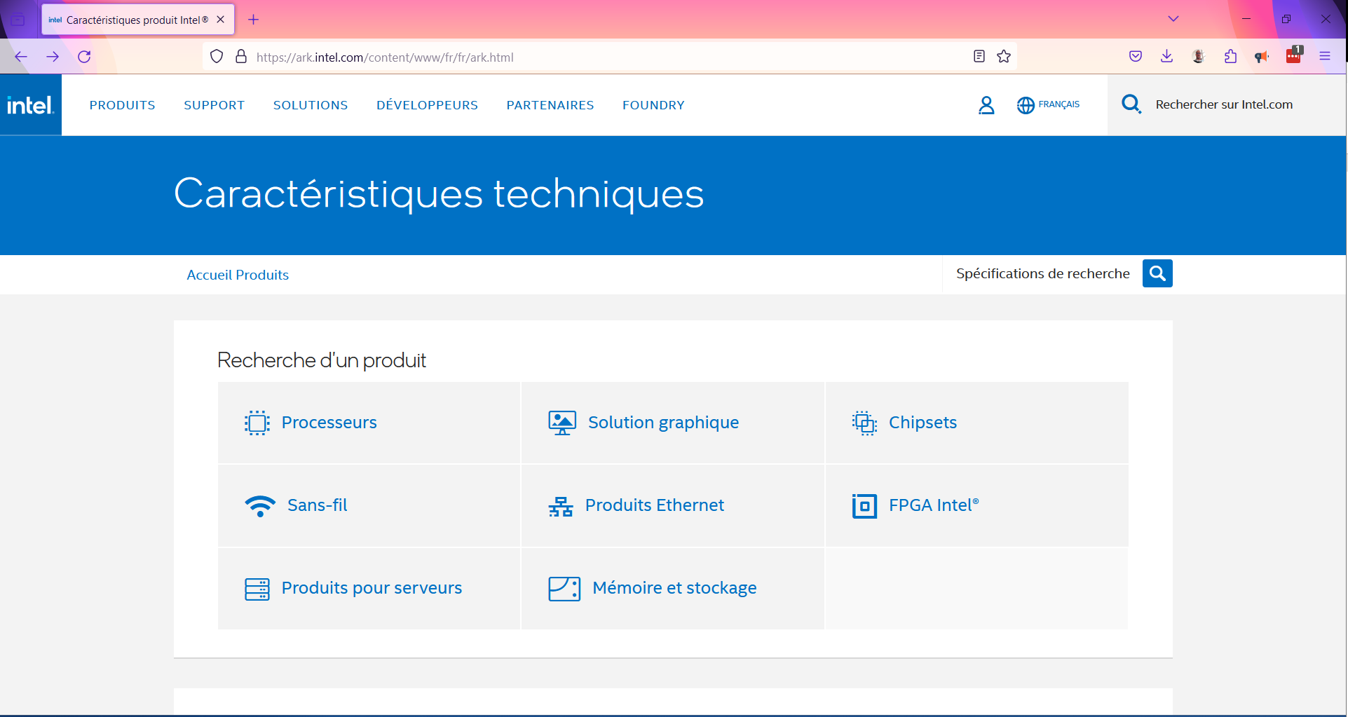 Page web "Caractéristiques Techniques Intel"