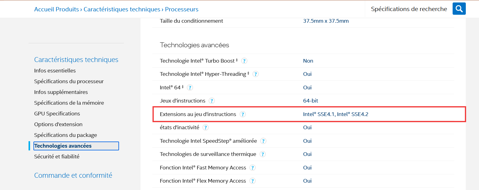Consulter la ligne "Extensions au jeu d'instructions"