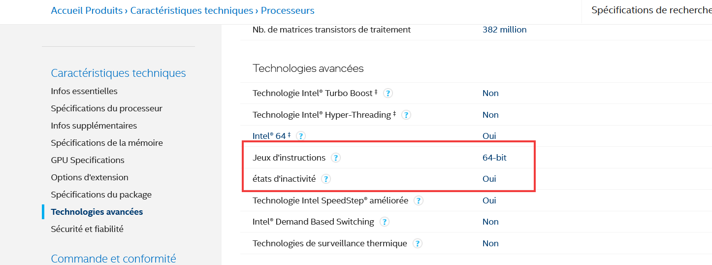 Selon le processeur, il manque des informations sur les jeux d'instructions du CPU