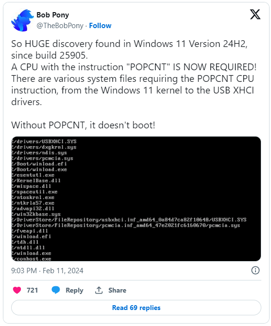 Tweet de Bob Pony. Windows 11 24H2 ne marche pas sans POPCNT