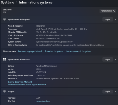 Spcifications Ryzen7
