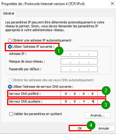 Corriger le téléchargement lent dans le Microsoft Store - Changer les adresses des serveurs DNS