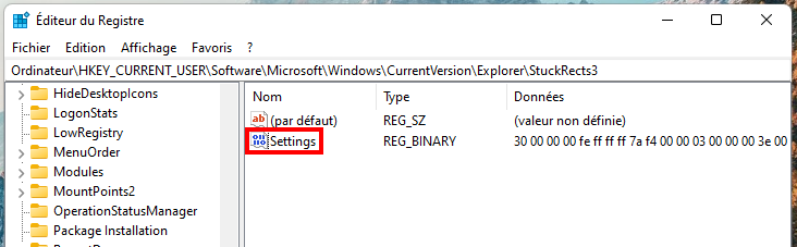Retrouver le menu Démarrer de Windows 10 - Ouvrir la clé nommé Settings