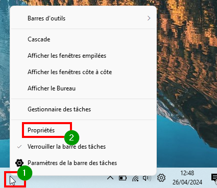 Retrouver le menu Démarrer de Windows 10 - Ouvrir les propriétés de la barre des tâches