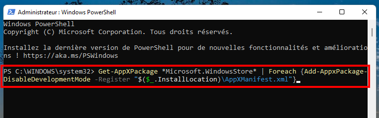 Corriger le téléchargement lent dans le Microsoft Store - Réenregistrer Microsoft Store dans PowerShell