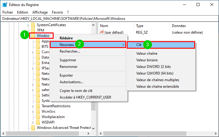 Windows 10 Éditeur du Registre créer nouvelle clé