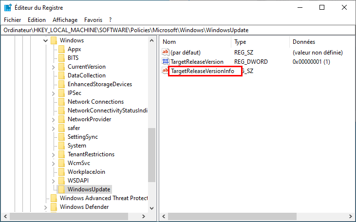 Windows 10 modifier Éditeur du Registre créer pour bloquer la mise à niveau vers Windows 11