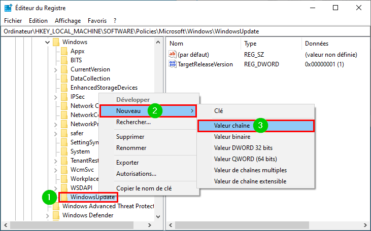 Windows 10 modifier Éditeur du Registre créer pour bloquer la mise à niveau vers Windows 11