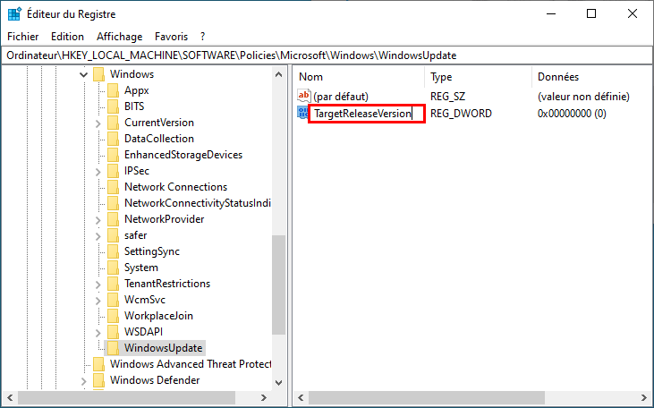 Windows 10 modifier Éditeur du Registre créer pour bloquer la mise à niveau vers Windows 11