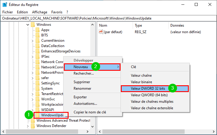 Windows 10 modifier Éditeur du Registre créer pour bloquer la mise à niveau vers Windows 11