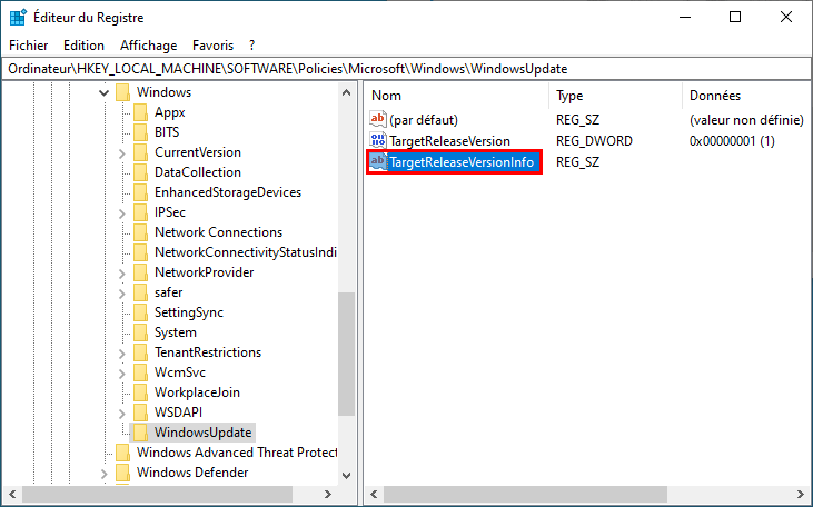 Windows 10 modifier Éditeur du Registre créer pour bloquer la mise à niveau vers Windows 11