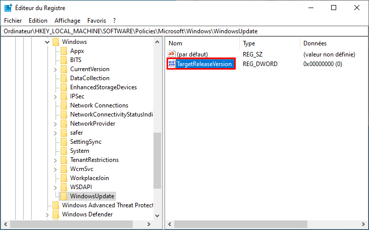 Windows 10 modifier Éditeur du Registre créer pour bloquer la mise à niveau vers Windows 11